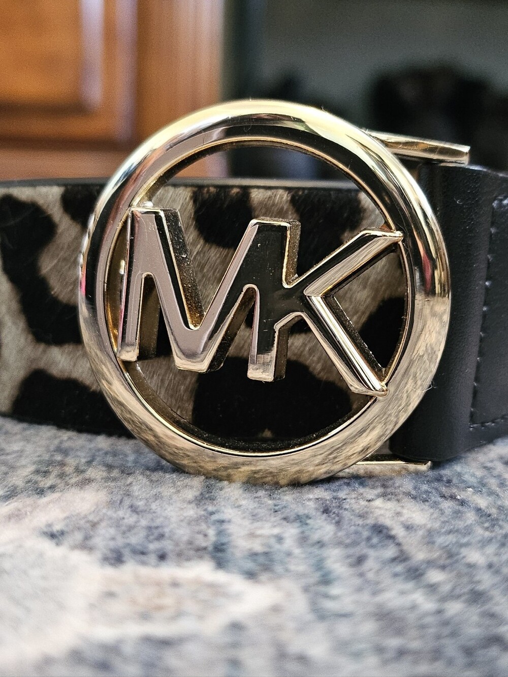 Michael Kors Pony Hair Leopard Print Belt – Gold MK Buckle – Size XL – Brand New